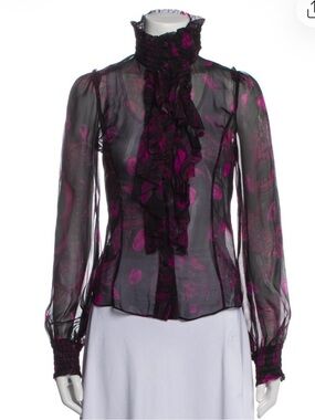 Diane Von Furstenberg Black Sheer Ruffle Front Top Sz.0/XS